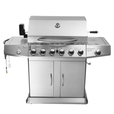Gril à hautes températures de BARBECUE de gaz de brûleur de l'émail 6 avec des roues de Cabinets