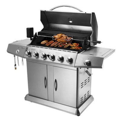 Gril à hautes températures de BARBECUE de gaz de brûleur de l'émail 6 avec des roues de Cabinets